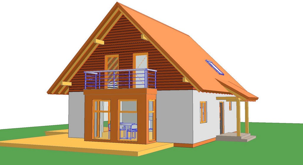 Dom energooszczędny, ekologiczny, z drewna z werandą i czerwoną dachówką